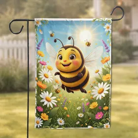 Cheerful Cartoon Bees Wildflower Meadow Sunny Sky - Everyday Home Decor Gift for Bee Lover Garden Flag