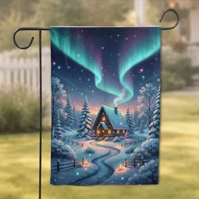 Snowy A-Frame Cabin Winter Wonderland - Aurora Sky Home Decor Gift Garden Flag