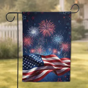 American Flag Fireworks Night Sky - Independence Day Celebration Garden Flag