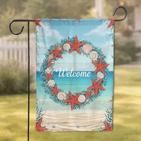 Coastal Starfish Seashell Welcome Wreath - Beach Home Decor Garden Flag