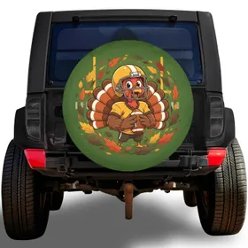 Cartoon Turkey Football Player Autumn Leaves - Thanksgiving Gift for Football Fan Spare Tire Cover
