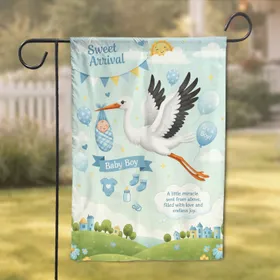 Sweet Arrival Stork Delivering Baby Boy Village - New Baby Celebration Gift Garden Flag