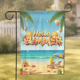 Tropical Beach Summer Text Sun Hibiscus Hot Air Balloons - Outdoor Summer Decor Garden Flag