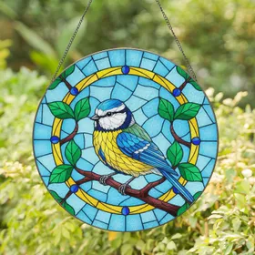 Blue Tit Bird Perched on Tree Branch with Foliage - Everyday Home Decor Gift for Bird Lovers Stained Glass Suncatcher