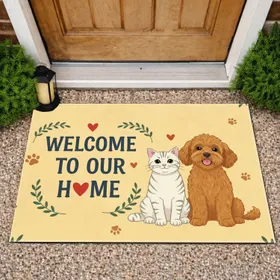 Welcome Home Cat Dog Hearts Paw Prints - Home Decor Gift for Pet Lovers Doormat