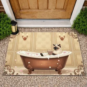 Siamese Cat Antique Clawfoot Bathtub Rose Petals - Home Decor Gift for Cat Lovers Doormat