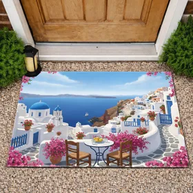 Greek Island White Washed Village Cafe Bougainvillea Blue Dome - Home Decor Gift Doormat