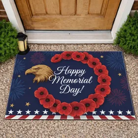 American Bald Eagle Poppy Wreath Fireworks - Happy Memorial Day Home Decor for Veterans Doormat
