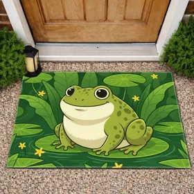 Friendly Green Cartoon Frog Lily Pad Wildflower Pond - Wildlife Garden Home Decor Gift Doormat