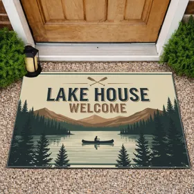 Lake House Welcome Canoe Pine Forest Mountains - Home Decor Gift Doormat