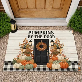 Pumpkins By The Door Autumn Wreath Black Door - Rustic Farmhouse Fall Decor Doormat