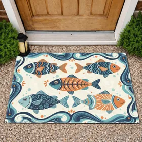 Folk Art Six Stylized Fish Wavy Water Patterns Full-Bleed Aquatic Home Decor Gift for Ocean Lovers Doormat
