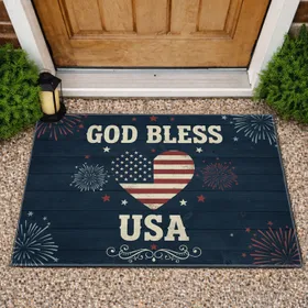 God Bless USA American Flag Heart - Independence Day Gift for Veterans Doormat