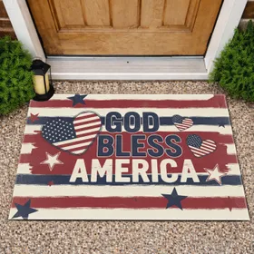 God Bless America Flag Heart Stars - Independence Day Home Decor Gift for Veterans Doormat