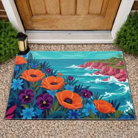 Vibrant Poppies Bellflowers Coastal Cliffs - Home Decor Gift Doormat