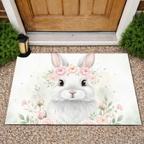 Fluffy Baby Bunny Face Delicate Floral Wreath - Home Decor Gift for Bunny Lovers Doormat