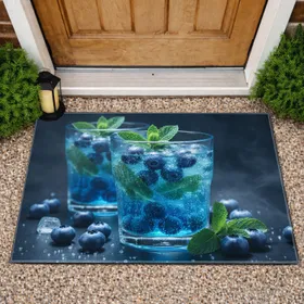 Electric Blue Liquid Glasses Blueberries Mint - Home Decor Gift for Beverage Lover Doormat
