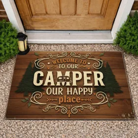 Camper Happy Place Travel Trailer Evergreen Wood - Camping Lifestyle Gift for RV Owners Doormat