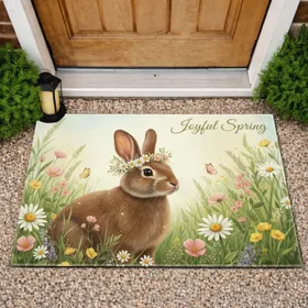Wildflower Bunny Rabbit with Crown - Joyful Spring Home Decor Gift for Rabbit Lovers Doormat