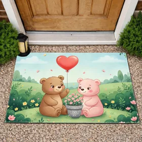 Brown Pink Bears Red Heart Balloon Spring Meadow Wildflowers - Home Decor Gift Doormat