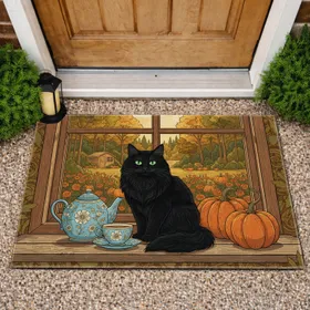 Black Cat Autumn Window Scene Rustic Pumpkins - Fall Home Decor Gift Doormat