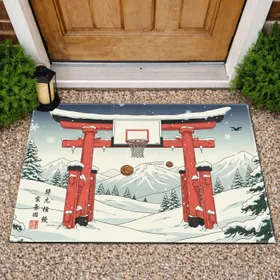 Monumental Torii Gate Basketball Hoop Winter Landscape - Home Decor Gift for Sports Fan Doormat