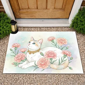 White Cat Carnation Flowers Home Decor Gift for Cat Lovers Doormat
