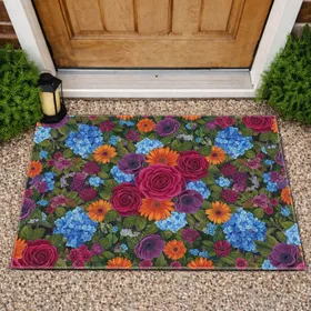 Fuchsia Magenta Roses Gerbera Anemone Hydrangea Blossoms - Home Decor Gift Doormat