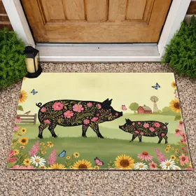 Black Silhouette Pigs Wildflower Butterfly Barn Windmill - Rustic Farmhouse Home Decor Gift Doormat
