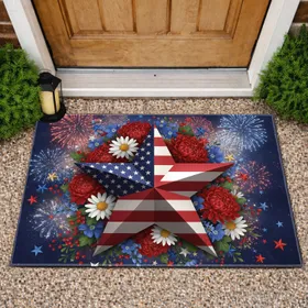 American Flag Star Floral Fireworks Independence Day Gift for Veterans Doormat