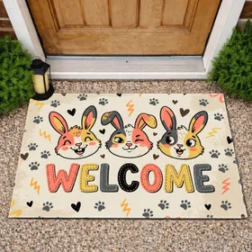 Welcome Bunny Faces Paw Prints Hearts Lightning Squiggles - Everyday Home Decor Gift for Bunny Lover Doormat