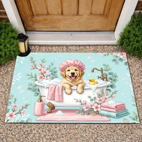 Golden Retriever Puppy Pink Shower Cap Bath Bubbles - Dog Lover Home Gift Doormat