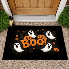 White Ghosts Jack-O'-Lanterns BOO! Dark Branches Spooky Halloween Festive Home Decor Doormat