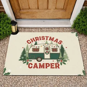 Christmas Camper Trailer Pine Holly Berries - Farmhouse Holiday Gift for Camper Lover Doormat
