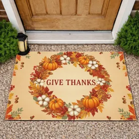Give Thanks Autumn Wreath Fall Leaves Pumpkins Gourds - Thanksgiving Holiday Decor Doormat