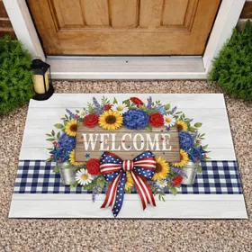 WELCOME Sign American Flag Bow Patriotic Floral - Farmhouse Decor Gift Doormat