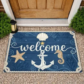 Rustic Nautical Welcome Starfish Seahorse Anchor - Coastal Home Decor Gift Doormat