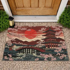 Japanese Pagoda Bridge Red Sun Cherry Blossom - Home Decor Gift Doormat