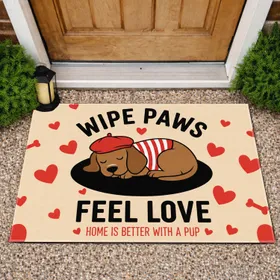 Sleeping Brown Dog Red Beret Wipe Paws Feel Love Home Is Better - Dog Lover Gift Doormat