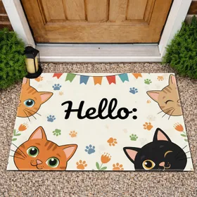 Hello Cat Faces Bunting Paw Prints - Home Decor Gift for Cat Lover Doormat