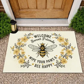 Crowned Queen Bee Wreath Welcome Friends Typography - Farmhouse Home Decor Gift Doormat