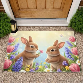 Two Baby Bunnies Spring Flowers Butterflies - Spring Decor Gift for Wildlife Lovers Doormat