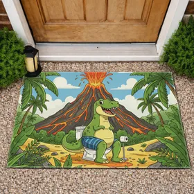 Smiling Green Dinosaur On Toilet - Home Decor Gift for Dinosaur Lovers Doormat