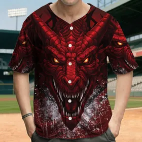 Red Snake Dragon Heads White Fangs Tribal Shapes Paint Splatters - Fantasy Fan Gift Baseball Jersey