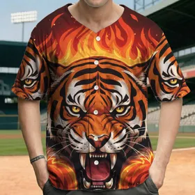 Tiger Head Glowing Yellow Eyes Bared Fangs Swirling Flames - Wildlife Lover Gift Baseball Jersey