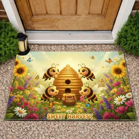 Smiling Cartoon Bees Wildflower Meadow - Home Decor Gift for Bee Lover Doormat