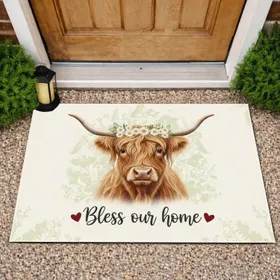 Highland Cow Daisy Crown 'Bless Our Home' - Farmhouse Decor Gift Doormat