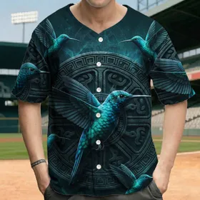 Iridescent Teal Hummingbirds Ancient Stone Emblem Carving - Wildlife Lover Gift Baseball Jersey