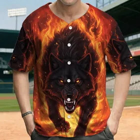 Snarling Black Wolf Glowing Fiery Orange Flames - Fantasy Creature Art Enthusiast Gift Baseball Jersey