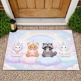 Cat Bear Raccoon Chick Unicorns Clouds Rainbow - Home Decor Gift for Animal Lover Doormat
